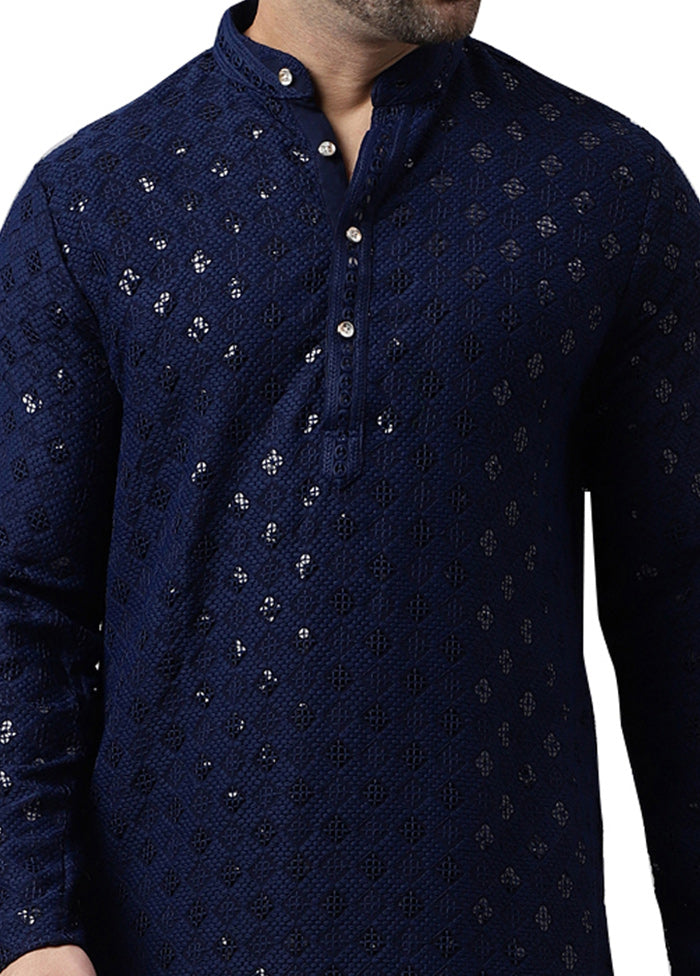 Navy Blue Silk Embroidered Kurta