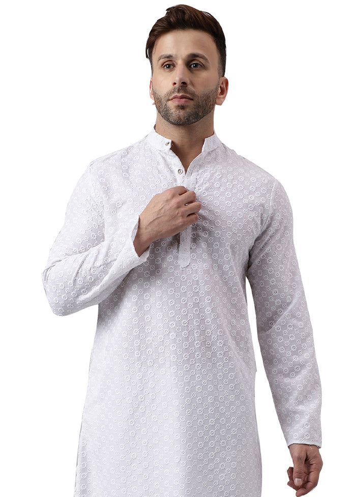 White Silk Embroidered Kurta