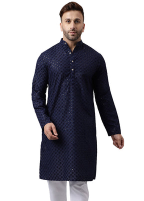 Navy Blue Silk Embroidered Kurta