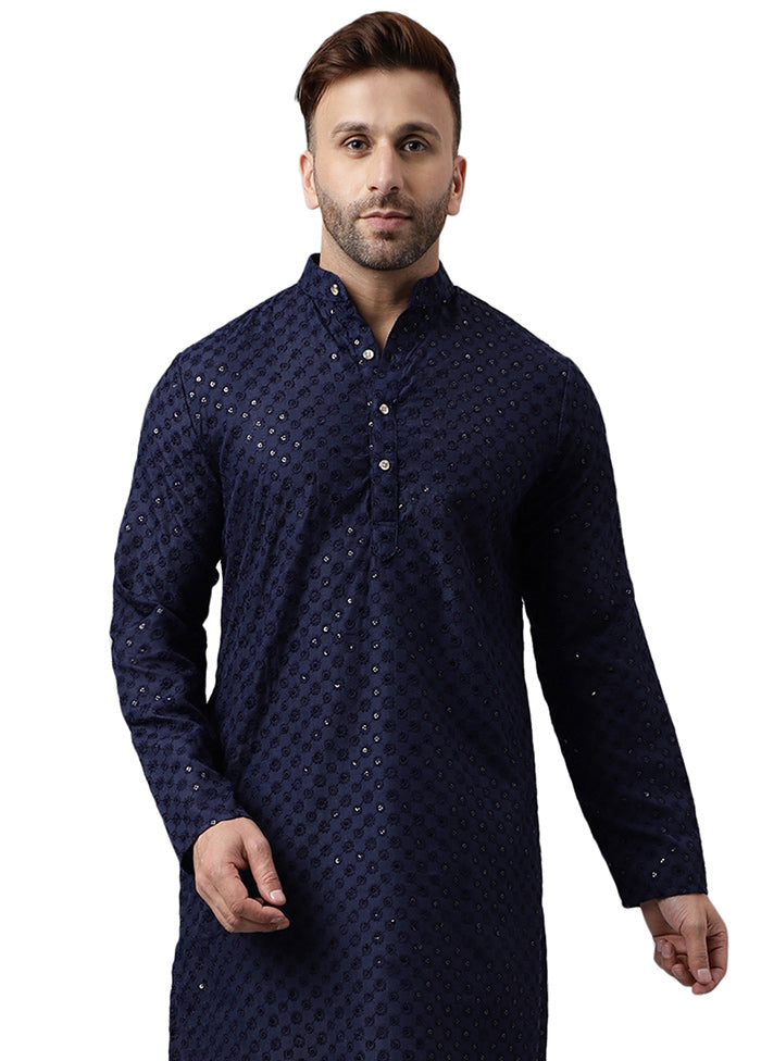 Navy Blue Silk Embroidered Kurta