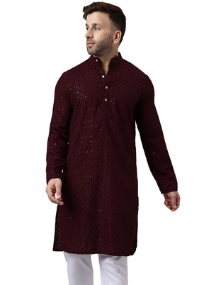 Maroon Silk Embroidered Kurta