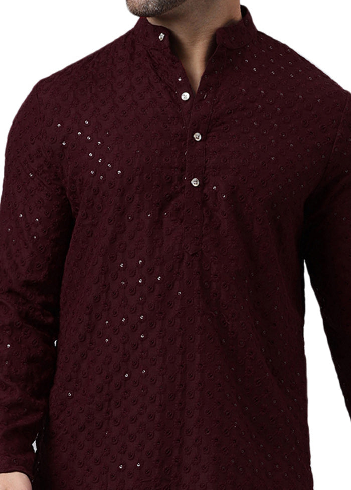 Maroon Silk Embroidered Kurta