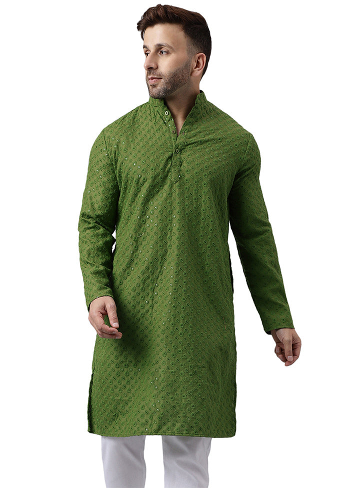 Mehendi Silk Embroidered Kurta