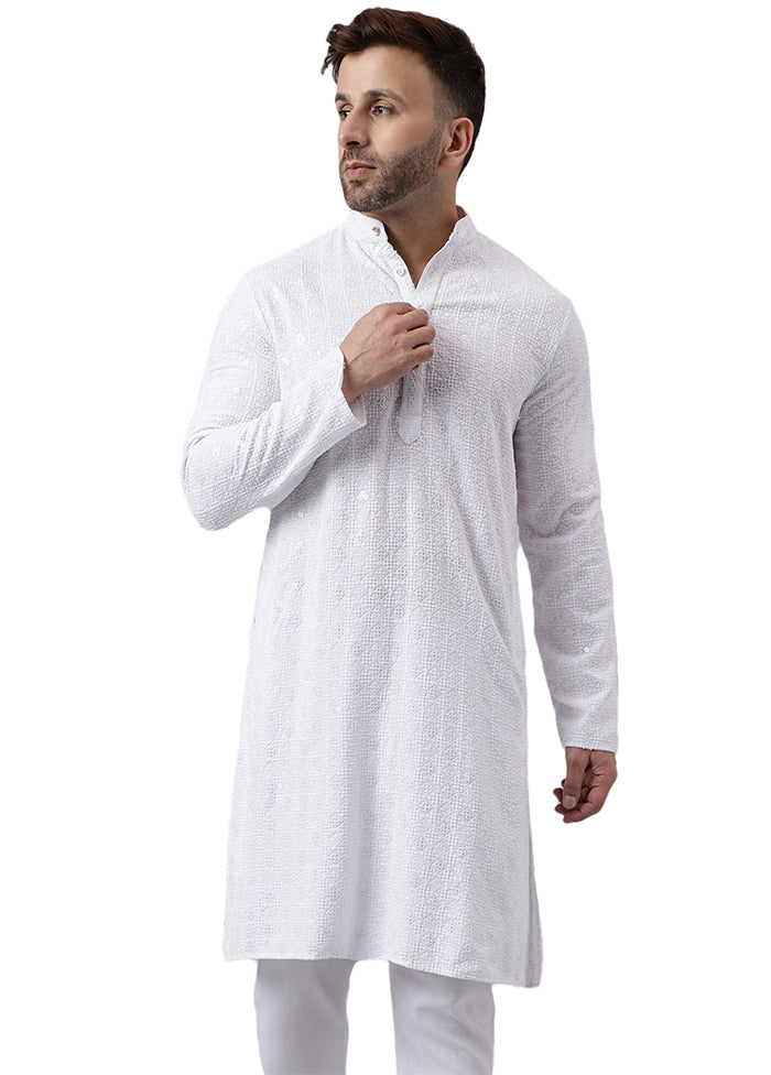 White Silk Embroidered Kurta