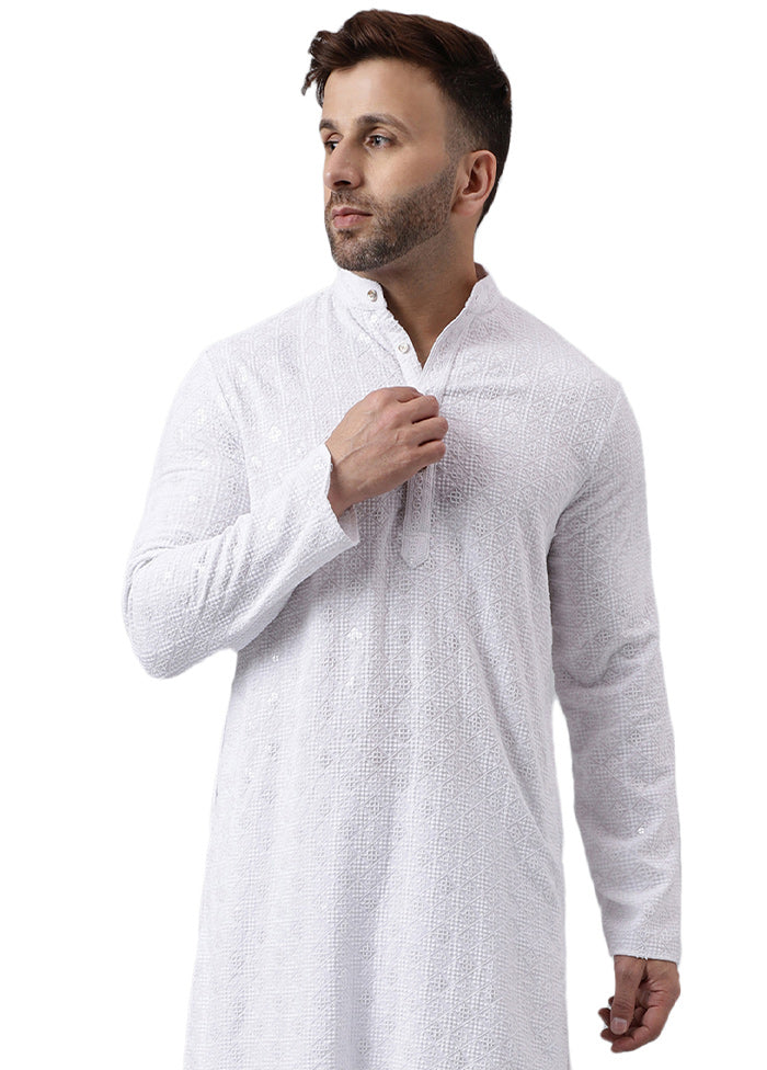 White Silk Embroidered Kurta