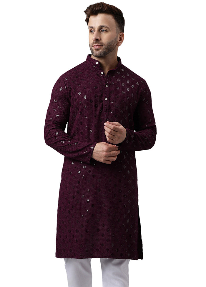 Maroon Silk Embroidered Kurta