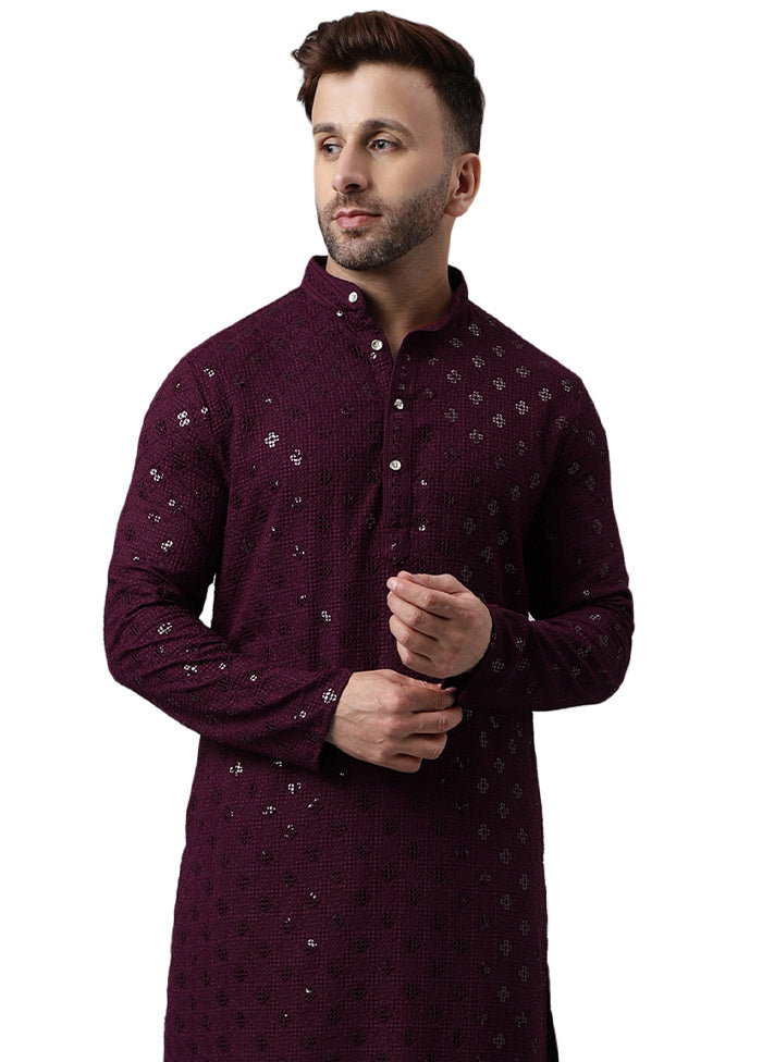 Maroon Silk Embroidered Kurta