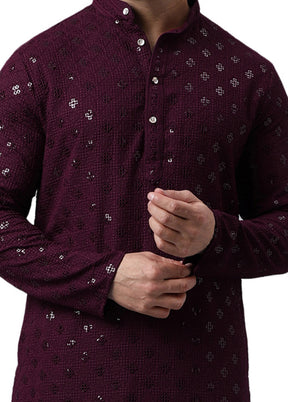 Maroon Silk Embroidered Kurta