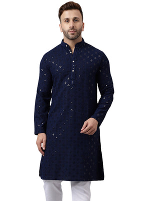 Navy Blue Silk Embroidered Kurta