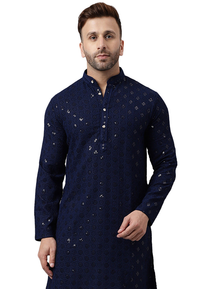 Navy Blue Silk Embroidered Kurta