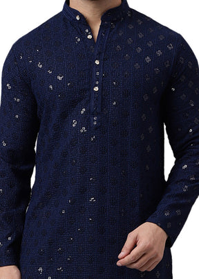 Navy Blue Silk Embroidered Kurta