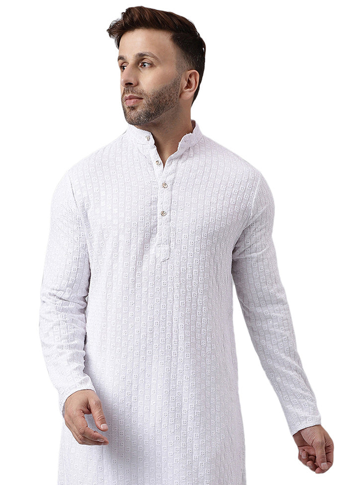 White Silk Embroidered Kurta