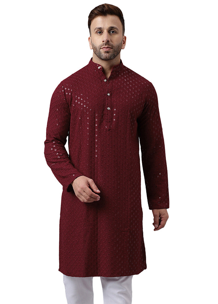 Maroon Silk Embroidered Kurta