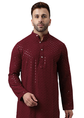 Maroon Silk Embroidered Kurta