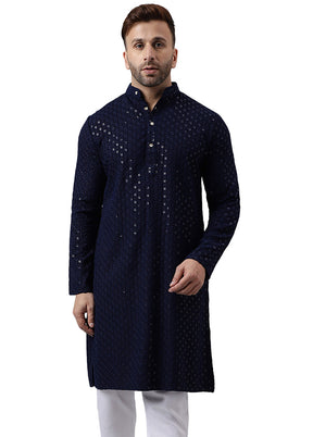 Navy Blue Silk Embroidered Kurta