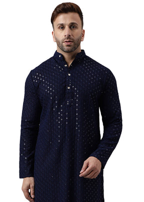 Navy Blue Silk Embroidered Kurta