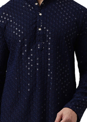 Navy Blue Silk Embroidered Kurta