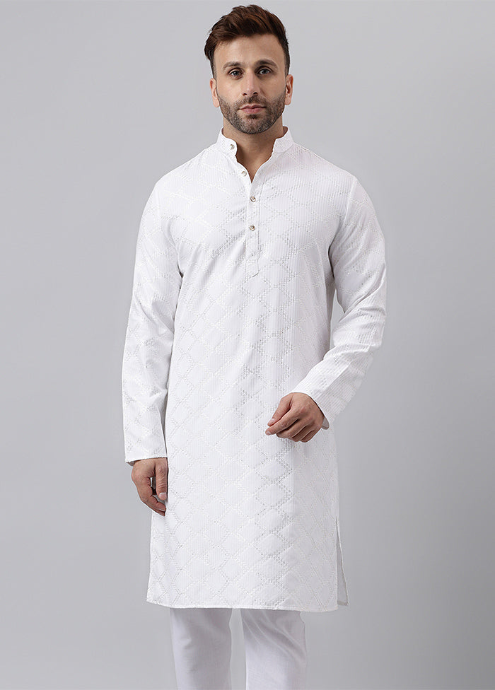 White Viscose Jacquard Long Kurta