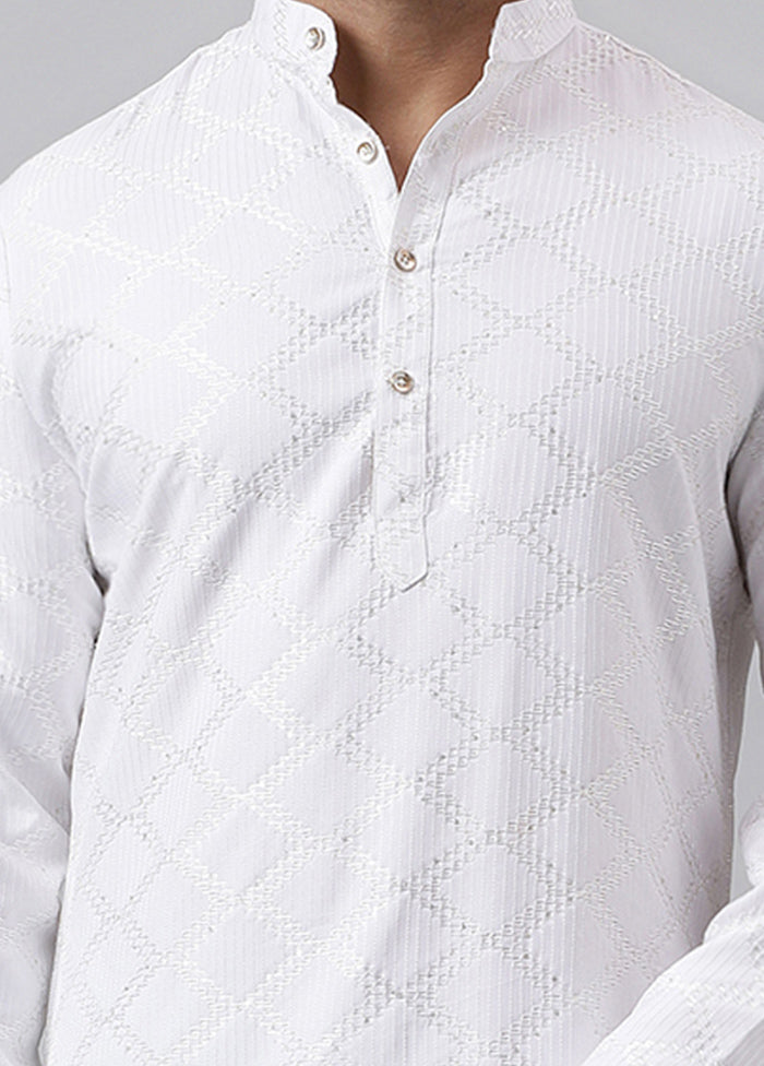 White Viscose Jacquard Long Kurta