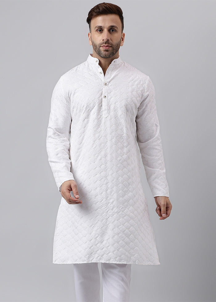 White Viscose Jacquard Long Kurta