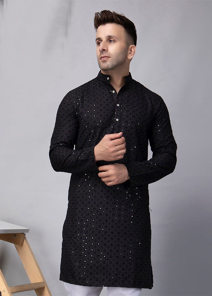 Black Viscose Embroidered Knee Length Kurta