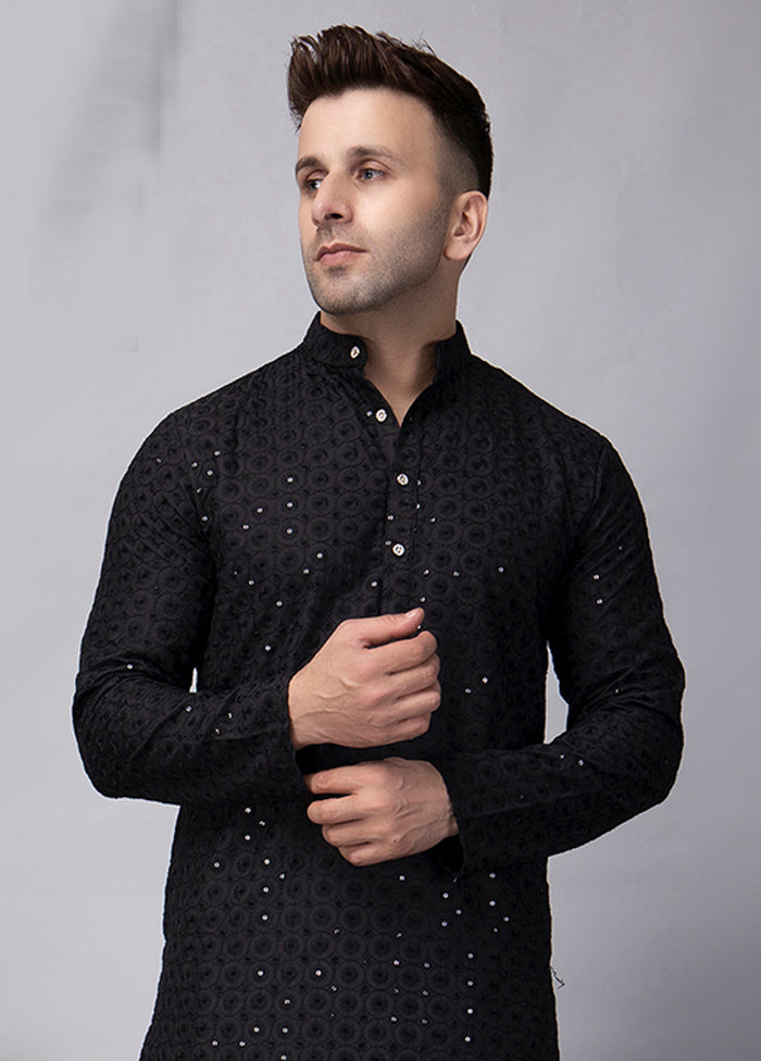 Black Viscose Embroidered Knee Length Kurta