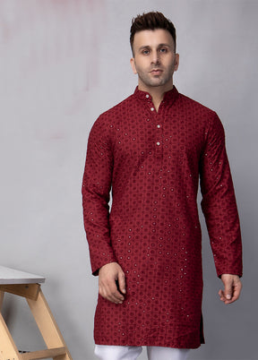 Maroon Viscose Embroidered Knee Length Kurta