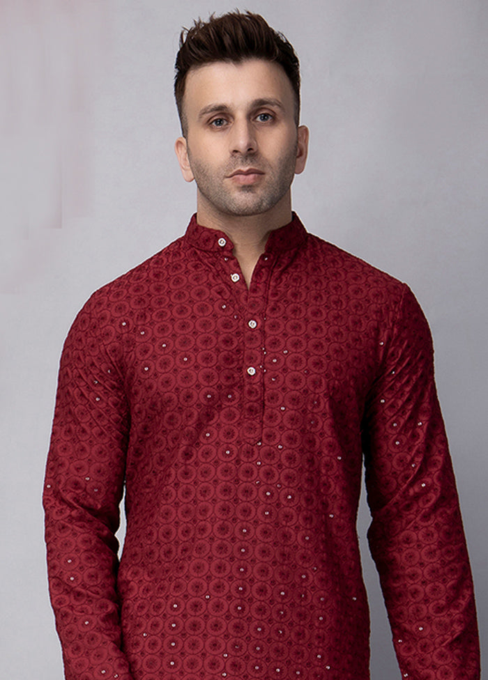 Maroon Viscose Embroidered Knee Length Kurta