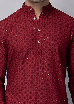 Maroon Viscose Embroidered Knee Length Kurta