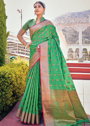 Green Spun Silk Saree With Blouse Piece - Indian Silk House Agencies