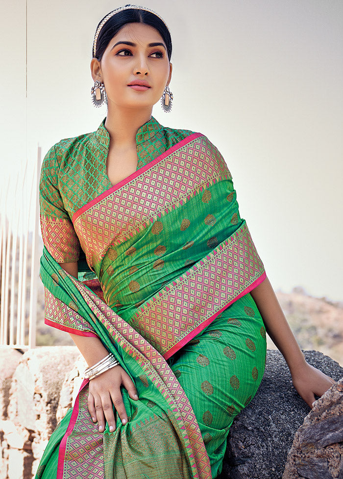 Green Spun Silk Saree With Blouse Piece - Indian Silk House Agencies