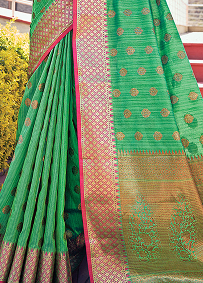 Green Spun Silk Saree With Blouse Piece - Indian Silk House Agencies