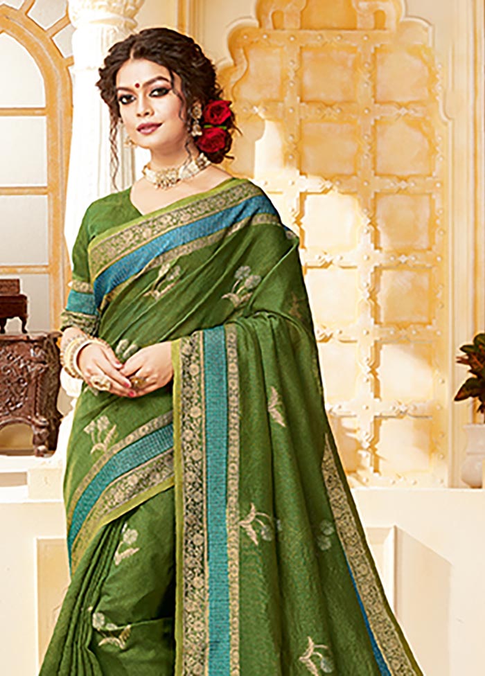 Green Spun Silk Saree With Blouse Piece - Indian Silk House Agencies