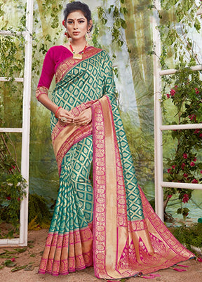 Green Spun Silk Saree With Blouse Piece - Indian Silk House Agencies