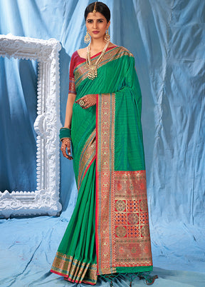 Green Spun Silk Saree With Blouse Piece - Indian Silk House Agencies