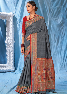 Grey Spun Silk Saree With Blouse Piece - Indian Silk House Agencies