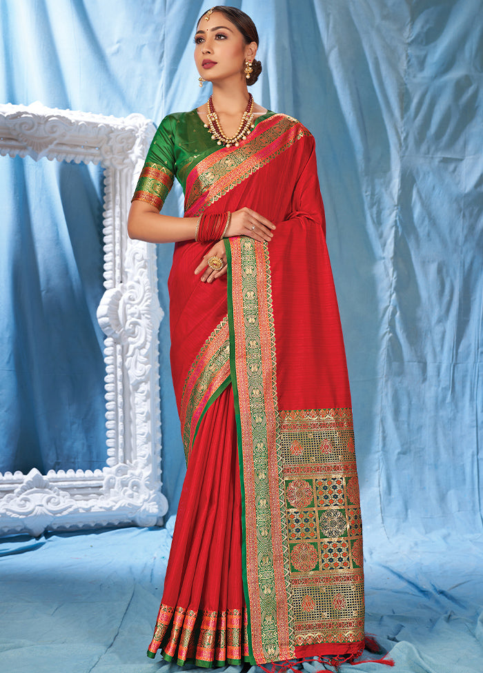 Red Spun Silk Saree With Blouse Piece - Indian Silk House Agencies