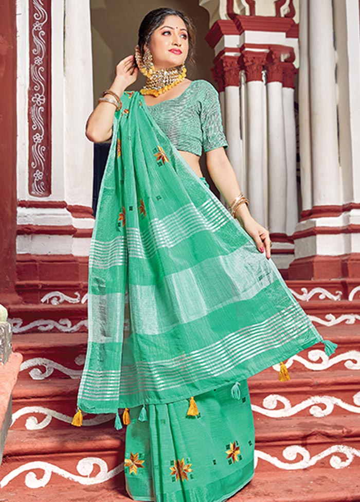 Green Spun Silk Saree With Blouse Piece - Indian Silk House Agencies