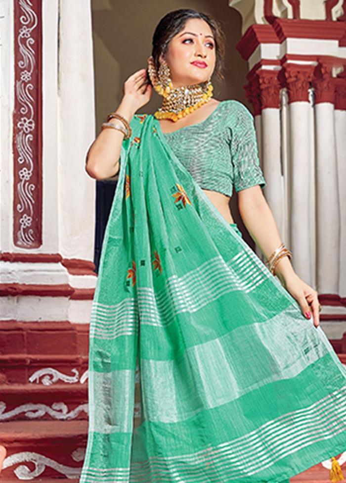 Green Spun Silk Saree With Blouse Piece - Indian Silk House Agencies