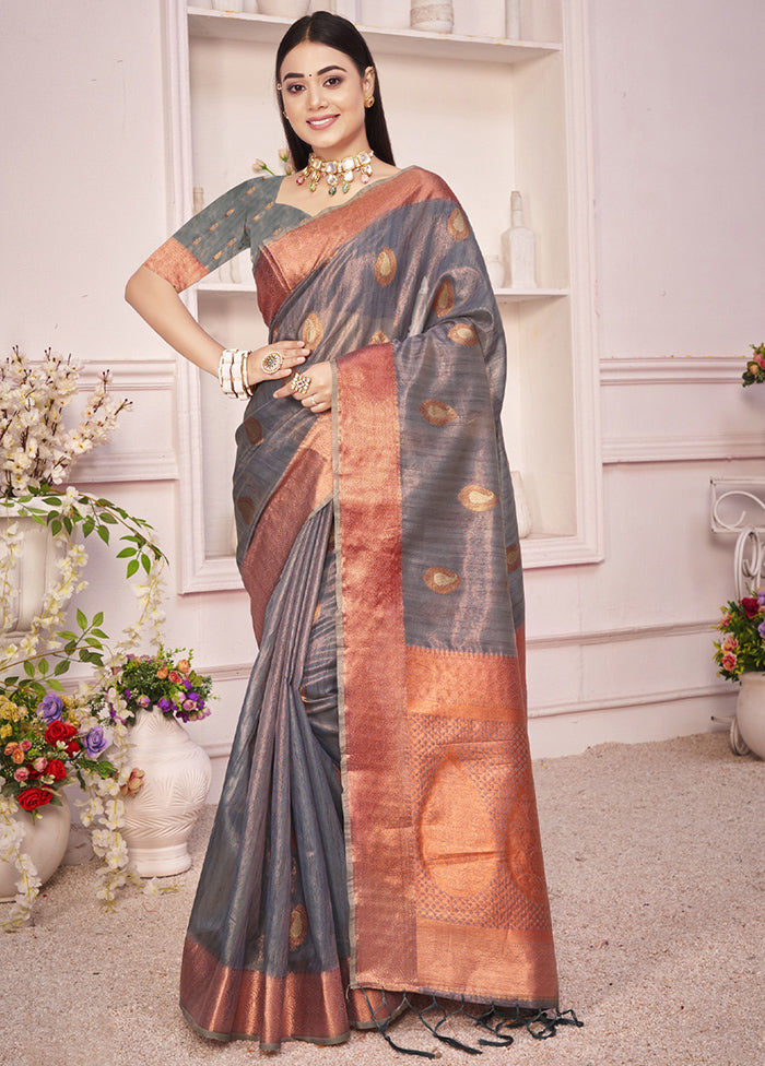 Grey Organza Saree With Blouse Piece - Indian Silk House Agencies