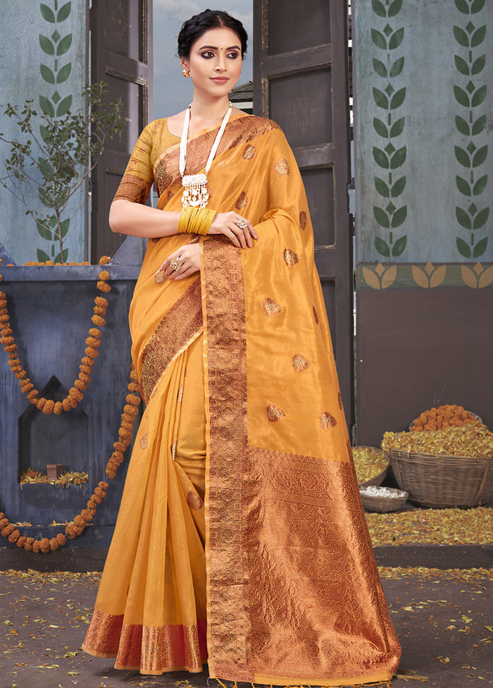 Mustard Organza Saree With Blouse Piece - Indian Silk House Agencies