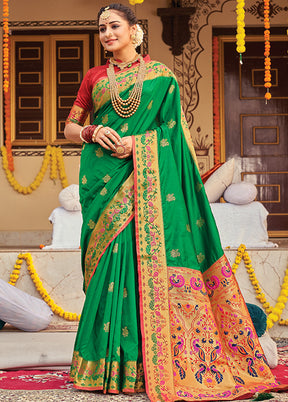 Green Spun Silk Saree With Blouse Piece - Indian Silk House Agencies