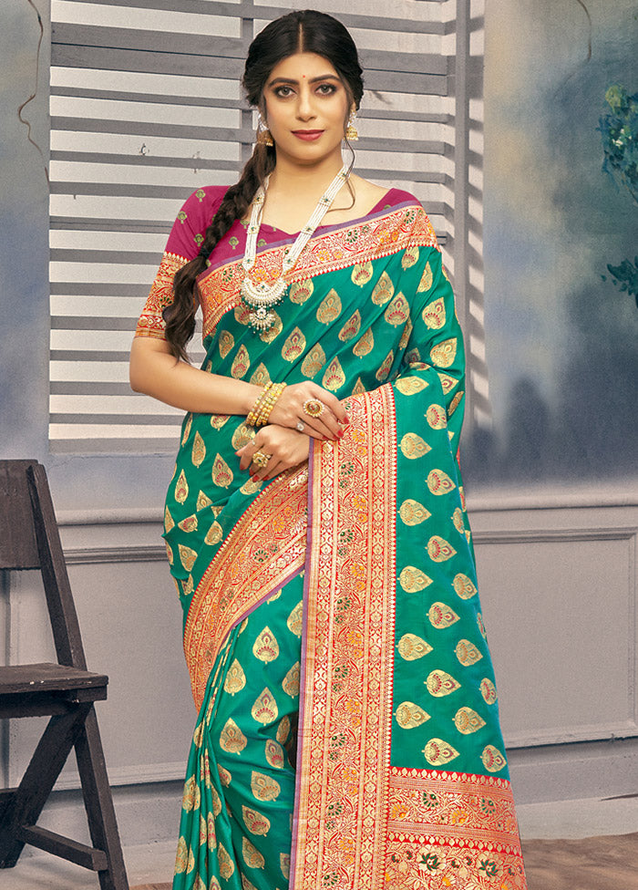 Green Spun Silk Saree With Blouse Piece - Indian Silk House Agencies