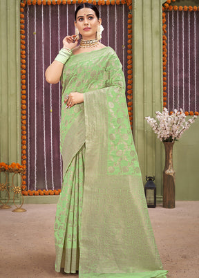 Green Linen Silk Saree With Blouse Piece - Indian Silk House Agencies