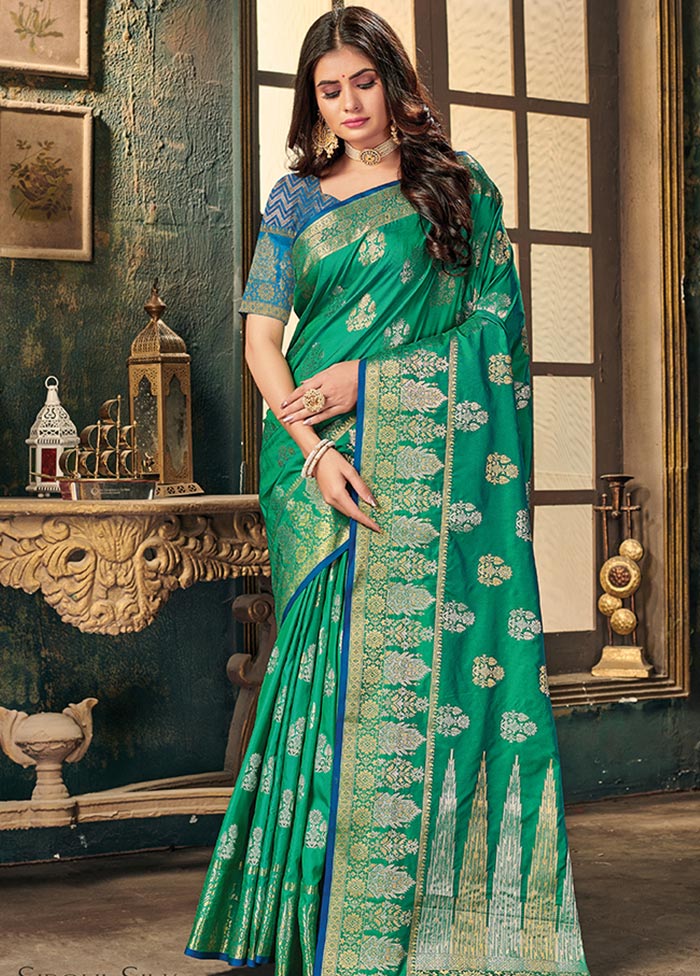 Sea Green Spun Silk Saree With Blouse Piece - Indian Silk House Agencies