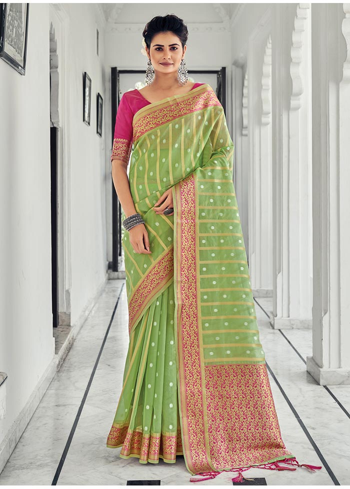 Light Green Spun Silk Saree With Blouse Piece - Indian Silk House Agencies