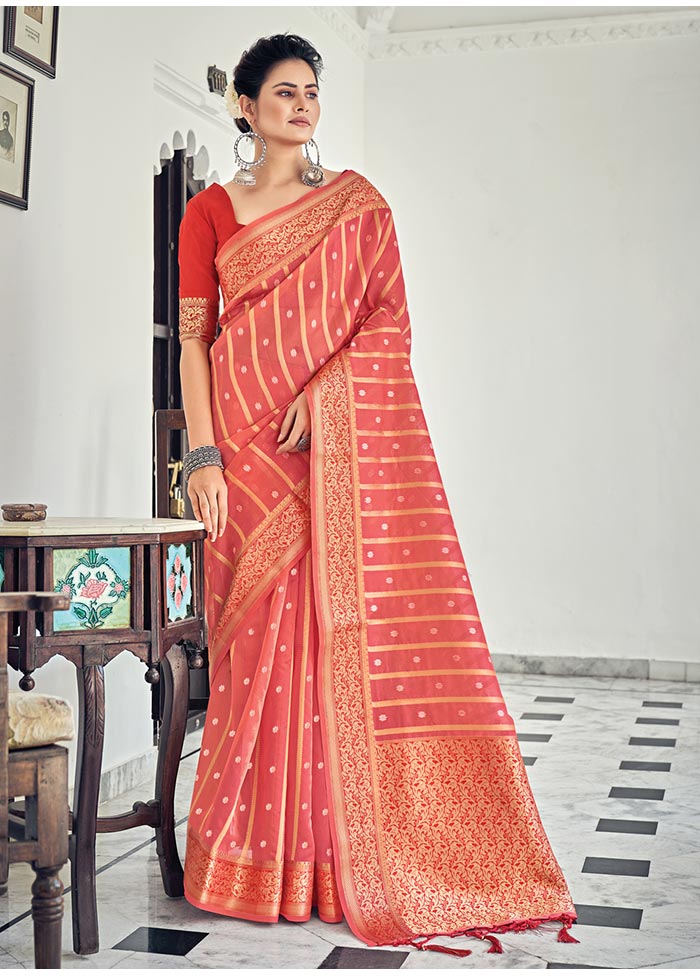 Peach Spun Silk Saree With Blouse Piece - Indian Silk House Agencies