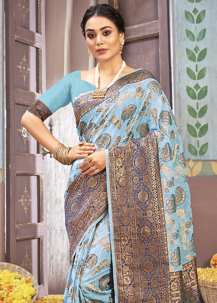 Sky Blue Cotton Saree With Blouse Piece - Indian Silk House Agencies