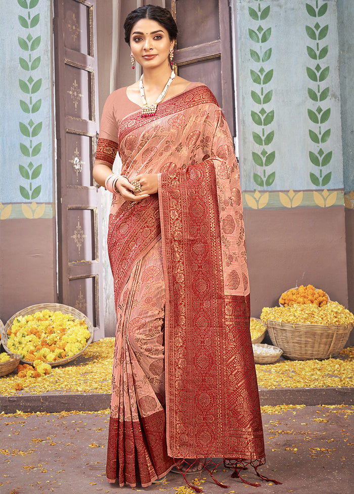 Peach Cotton Saree With Blouse Piece - Indian Silk House Agencies