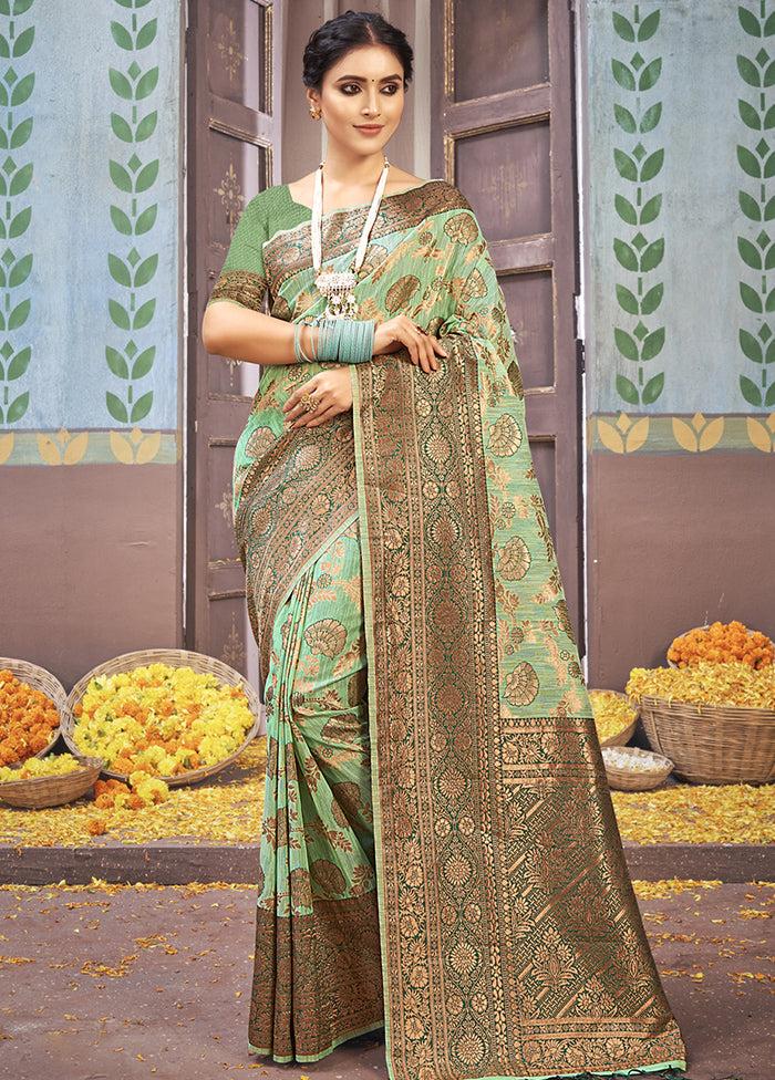 Green Cotton Saree With Blouse Piece - Indian Silk House Agencies